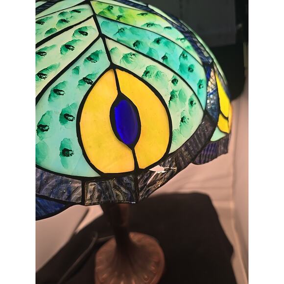 Vintage Tiffany Style 22" Stained Glass Peacock Table Lamp - Picture 5 of 11